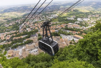 Funivia di San Marino, cable car to the highest mountain in San Marino on Monte Titano. View of the