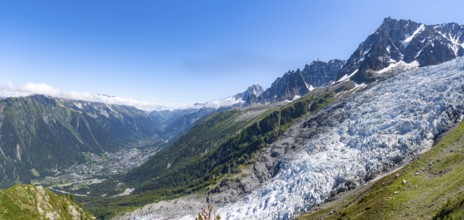 Panorama, mountain landscape with glacier Glacier des Bossons and summit of the Aiguille du Midi,