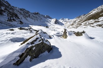 Snow-covered mountain landscape in winter in the Madritsch Valley, Ortler Alps, Vinschgau Valley,