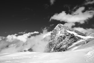 Snow mountains, the Swiss alps, Jungfrau Joch and glacier in black and white landscape.