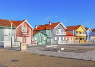 Brightly painted beach homes, Costa Nova do Prado, Aveiro, Portugal, Europe