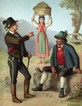 Traditional costumes in Germany around 1820, Austria, Salzkammergut, A man and a woman in