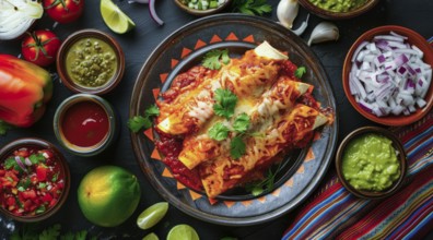 Plate of enchiladas with a side of salsa and guacamole. Wooden table with bowls of various sauces,