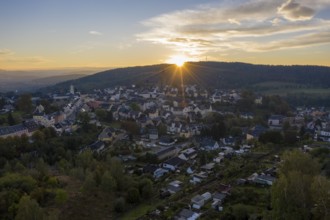 Sunrise behind Schneeberg in the Ore Mountains, Saxony, Germany, Europe