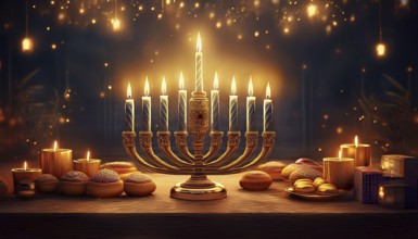 Hanukkia, eight-armed Hanukkah candlestick with lit candles, symbolic image for Hanukkah, Jewish