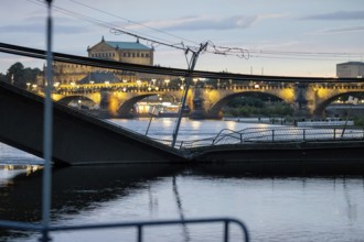 Partial collapse of the Carola Bridge in Dresden with the Semper Opera House in the background,