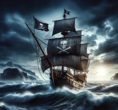 A privateer pirate ship with a pirate flag sails across the ocean in storms and high waves, AI