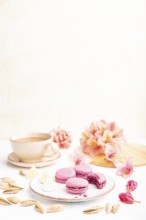 Purple macarons or macaroons cakes with cup of coffee on a white concrete background decorated with