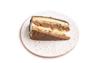 Chocolate biscuit cake with caramel cream isolated on white background. side view