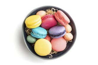 Multicolored macaroons and chocolate eggs in blue ceramic bowl isolated on white background. top