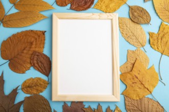 Composition with yellow and brown autumn leaves and wooden frame mockup on blue pastel background.