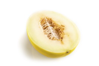 Sliced ripe yellow melon isolated on white background. Side view, close up. harvest, women health,