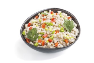 Pearl barley porridge with vegetables in blue ceramic bowl isolated on white background. Side view,