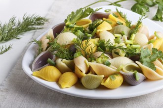 Conchiglie colored pasta with fresh greengrocery on a linen tablecloth on white wooden background.