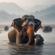 Asian elephant (Elephas maximus), young animal and elephant cow bathing in a river, AI generated,