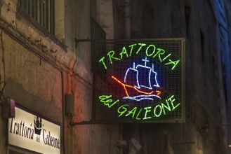 Illuminated nose sign of the Trattoria del Galeone, Via di S. Bernardo, 55R, Genoa, Italy, Europe