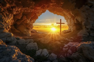 Easter concept cross on Golgotha Calvary hill against a dramatic sunset seen from open tomb of