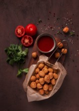 Chicken popcorn, deep fried, nuggets, close-up, rustic, no people