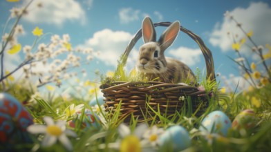 Cute Easter bunny sits beside a basket filled with colorful, decorated eggs amidst a vibrant green