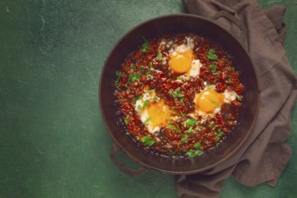 Fried eggs in tomato sauce, chirbuli, shakshuka, breakfast, eggs in tomatoes