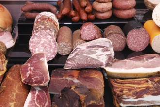 Sausage counter in a butcher's shop