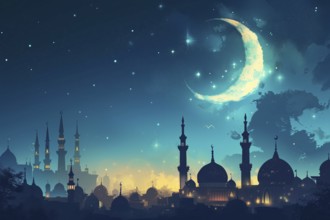 Ramadan with a mosque silhouetted against a starry night sky, illuminated by the crescent moon, AI