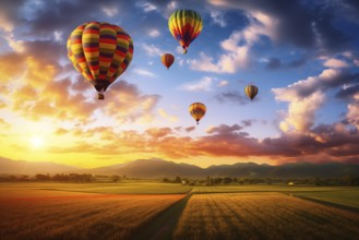 A colorful hot air balloons floats in sky over a blooming field meadow of flowers landscape at