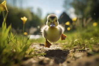 A close-up of a cute duckling standing in a sunlit meadow, with other ducklings and wildflowers in