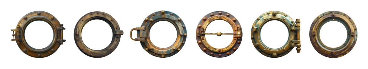 Set of vintage aged brass ship porthole isolated on a white background. generative AI, AI generated