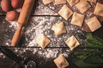 Cheese, Spinach ravioli, on a wooden table, selective focus, rustic style, horizontal, no people