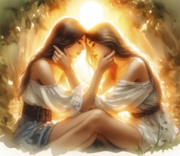 Two young woman, a lesbian couple, touching each other tenderly, symbolic image lesbian, same-sex,