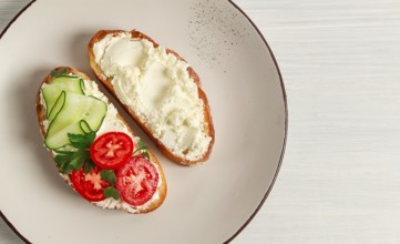 Sandwich, with cream cheese, homemade, on a cutting board, rustic style, no people, selective