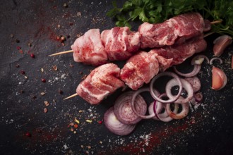 Raw pork meat, pickled kebab, with spices, top view, no people