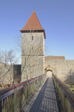 Wooden bridge to the Wächtersturm with historic town fortifications, town wall, wooden fence,