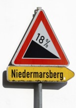 Traffic sign with 18 per cent gradient from Obermarsberg towards Niedermarsberg, Sauerland, North