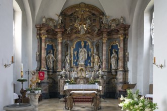 Baroque, three-part high altar in the church of St Kilian, Pretzfeld, Upper Franconia, Bavaria,