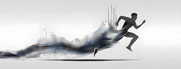 Wave of data points shaping into a runners silhouette, abstract illustration in black and white,