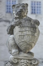 Bear figure with town coat of arms, sculpture, stone, bear fountain, detail, Meersburg, Obersee,