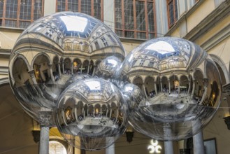 Palazzo Strozzi, courtyard, spheres, reflection, architecture, installation, travel, tourism,