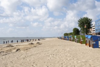 People doing early morning sports on the beach, Empty beach chairs, North Sea coast, Wyk, Föhr,