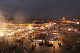 Restaurants in the evening on the Djemaa el Fna square in Marrakech, Morocco, Africa