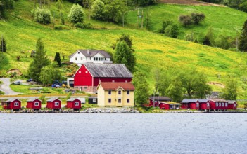 Mountains and Fjord over Norwegian Village, Olden, Innvikfjorden, Norway, Europe