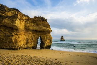 Rocky coast with beach and red rocks, Praia do Camilo, Lagos, Algarve, Portugal, Europe