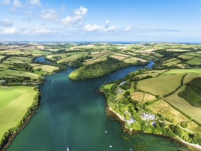 Salcombe and Mill Bay over Kingsbridge Estuary from a drone, Batson Creek, Southpool Creek, Devon,