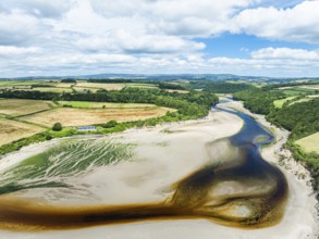 River Emme and Red Cove from a drone, Mothecombe, Plymouth, South Devon, England, United Kingdom,