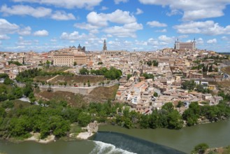 Panoramic view of a city with many historic buildings, surrounded by a river and green vegetation