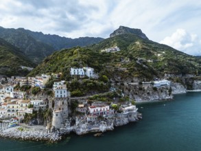 Cetara from a drone, Amalfi Coast, Salerno, Campania, Italy, Europe