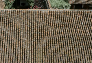 Details of a terracotta tile roof. Background of old clay tiles