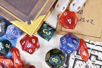 Close up of colorful tabletop role playing RPG game dice