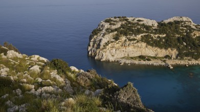 Rocky coastal landscape with green vegetation and calm blue water, Anthony Quinn Bay, Vagies Bay,